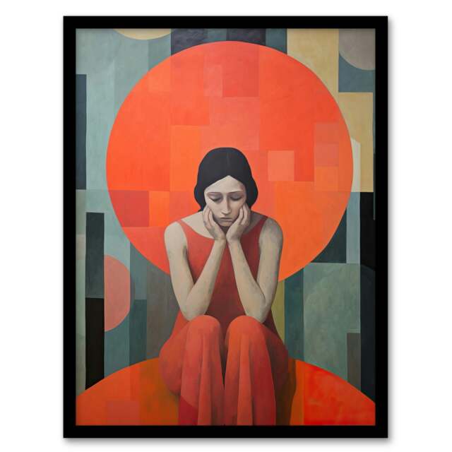 Womens Troubles Orange Moon Portrait Home Decor Black Framed Wall Art Print A4