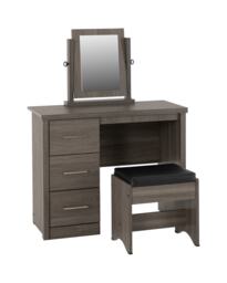 Lisbon 3 Piece Dressing Table Set with Mirror - Black Wood Grain - Black Faux Leather