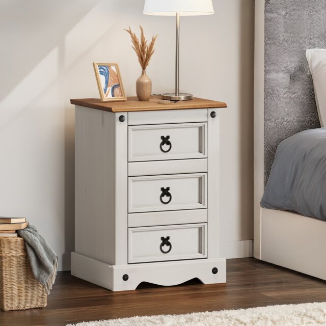 Mercers Furniture Corona White Painted Medium 3 Drawer Bedside Cabinet Chest Table Solid Wood Pine with Mexican Styling Wooden