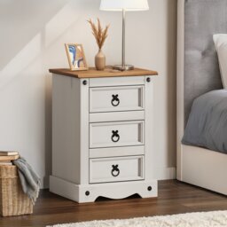 Mercers Furniture Corona White Painted Medium 3 Drawer Bedside Cabinet Chest Table Solid Wood Pine with Mexican Styling Wooden