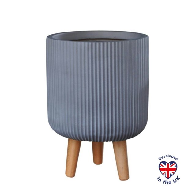Ribbed Grey Cylinder Planter on Legs, Round Pot Plant Stand Indoor D25.5 H36 cm, 10.4 ltrs Cap.