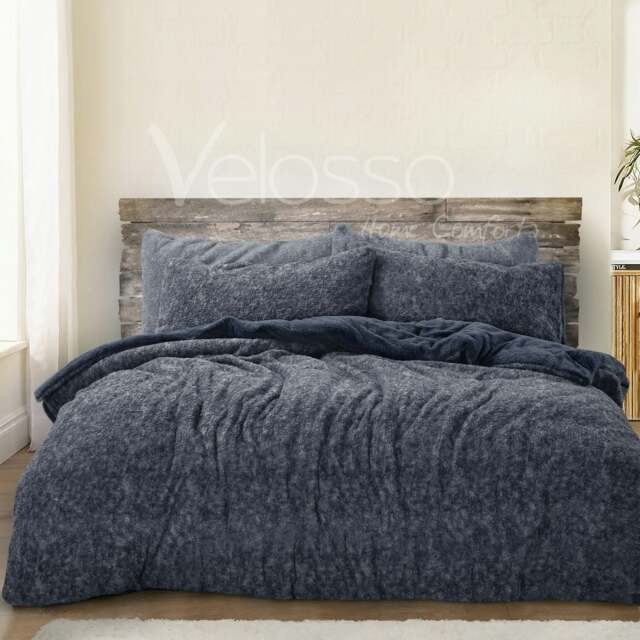 Velosso Teddy Marl Fluffy and Warm Fleece Duvet Cover Set Blue Navy Double