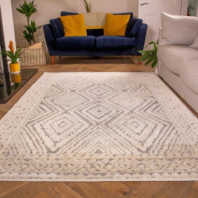 KUKOON Grey Cream Diamond Geometric Tufted Pile Area Rug 190cm x 280cm Grey