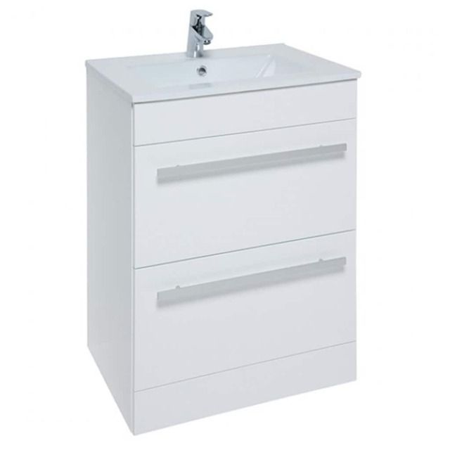 Bathroom 2 Drawer Floor Standing Vanity Unit with Basin 600mm Wide - White - Brassware Not Included White White 1