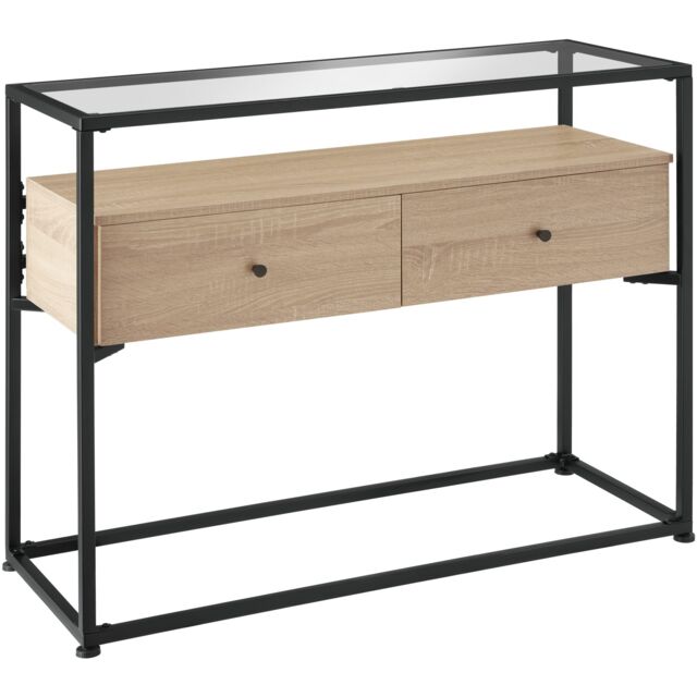 Sideboard Reading - safety glass tabletop, 2 large drawers Brown industrial wood light, oak Sonoma 101,50 x 41,50 x 80,50 cm 1