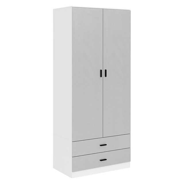 2-Door 2-Drawer Wardrobe with Storage Shelf, and Hanging Space - 180x75x46cm White White & Grey 1