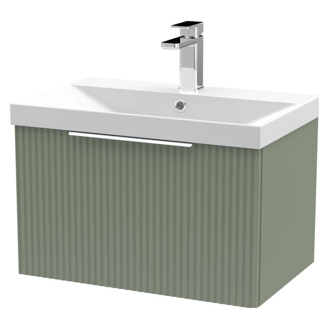 Balterley Tixall Fluted 1 Drawer Wall Hung Vanity Unit with Thin Edge Basin, Satin Green, 600mm