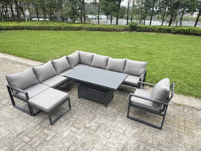 Fimous 9 Seater Aluminium Sofa Set 8 Pieces Outdoor Garden Furniture - Rising Dining Table with Cushions Chair Big Footstool Dark Grey