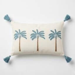 Homescapes White Embroidered Palm Cushion with Tassels, 30 x 50 cm