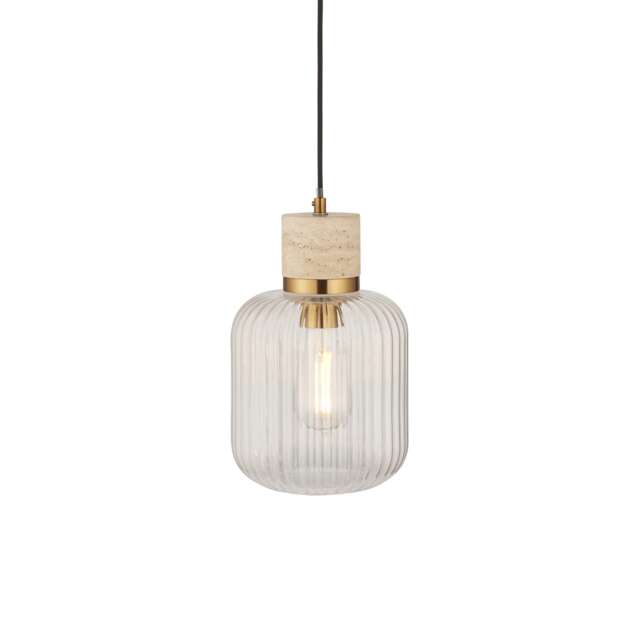 Travi Ribbed Slim Pendant Ceiling Light Natural Travertine, Vintage Brass & Clear Ribbed Glass E27