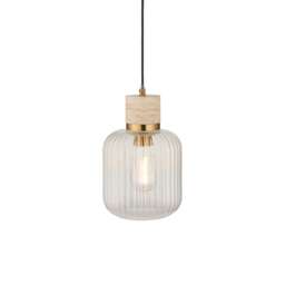 Travi Ribbed Slim Pendant Ceiling Light Natural Travertine, Vintage Brass & Clear Ribbed Glass E27