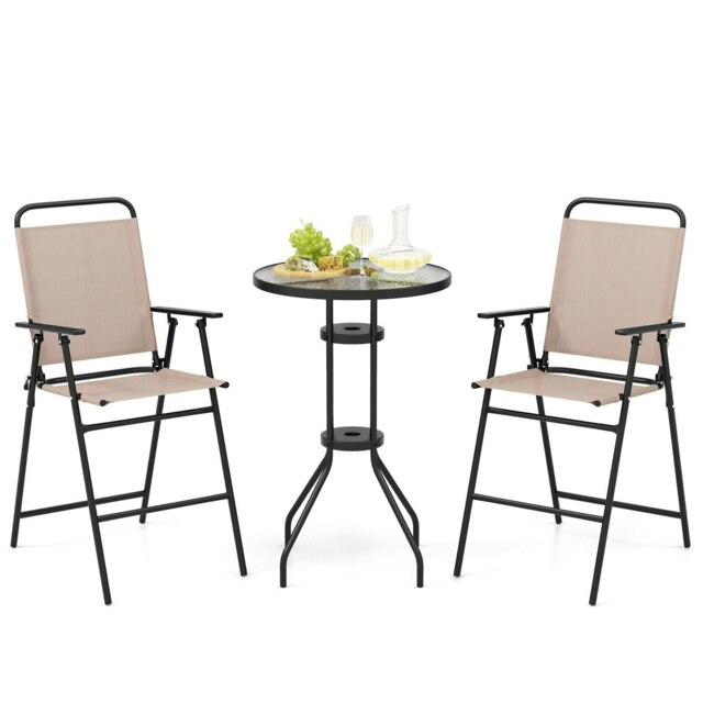 COSTWAY 3 PCS Outdoor Folding Bistro Set Patio Round Bar Table