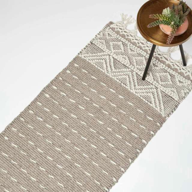Homescapes Patna Beige and Natural Kilim Runner Wool Rug - 66 x 200 cm Cream 66 x 200 cm