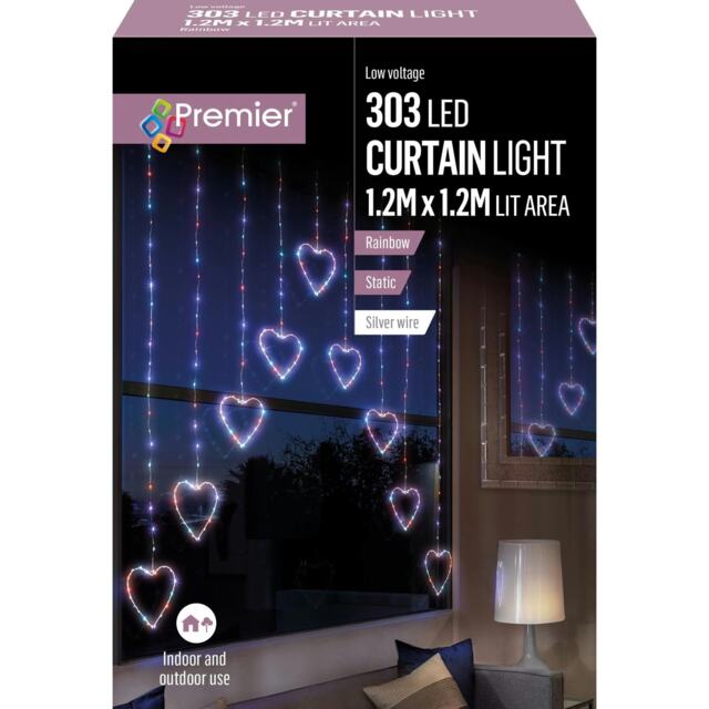 Premier Curtain Light Hearts 303 LED Lights 1.2m X 1.2m - Rainbow Multi