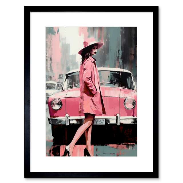 "Woman Classic Car Retro Pink Aesthetic 9x7"" Black Framed Wall Art Print"