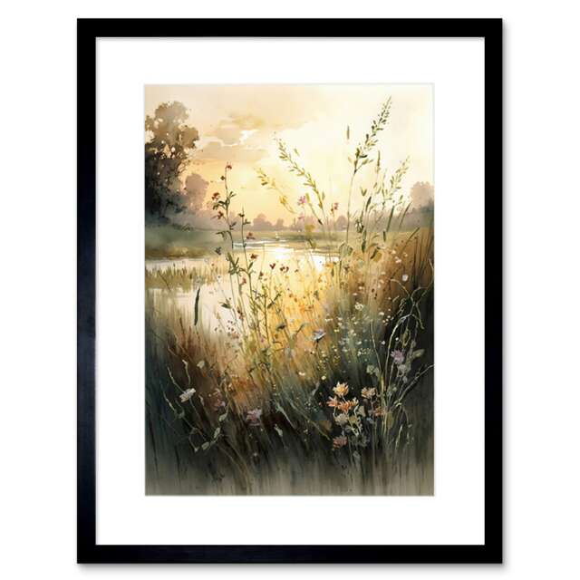 "Serene Lakeside Landscape Wildflowers at Dawn 9x7"" Black Framed Wall Art Print"