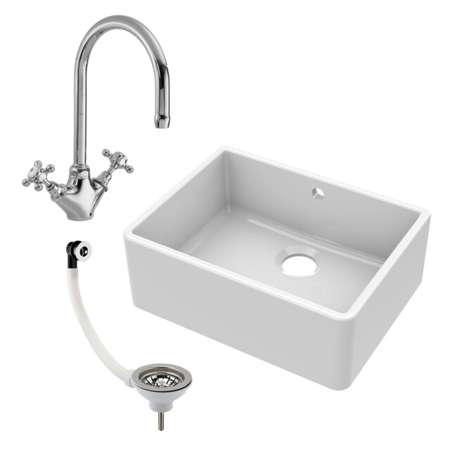 Fireclay 595mm Single Bowl Butler Kitchen Sink with Overflow, Mixer Tap & Waste in White Ceramic by Balterley