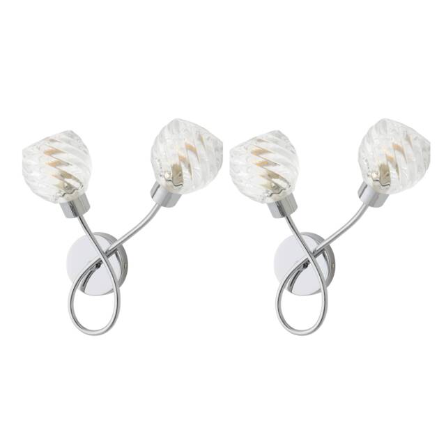 ValueLights Reyka Pair Chrome 2 Way Wall Lights Swirl Glass Shades Chrome