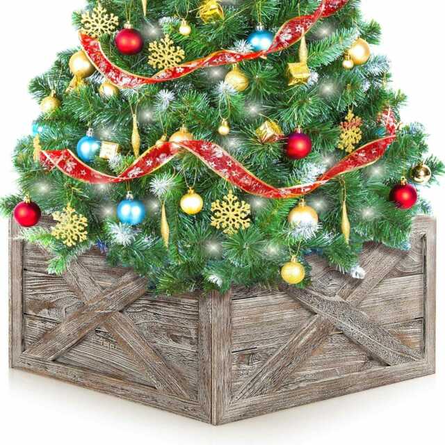 COSTWAY Christmas Tree Wooden Tree Box Stand Cover Grey One Size