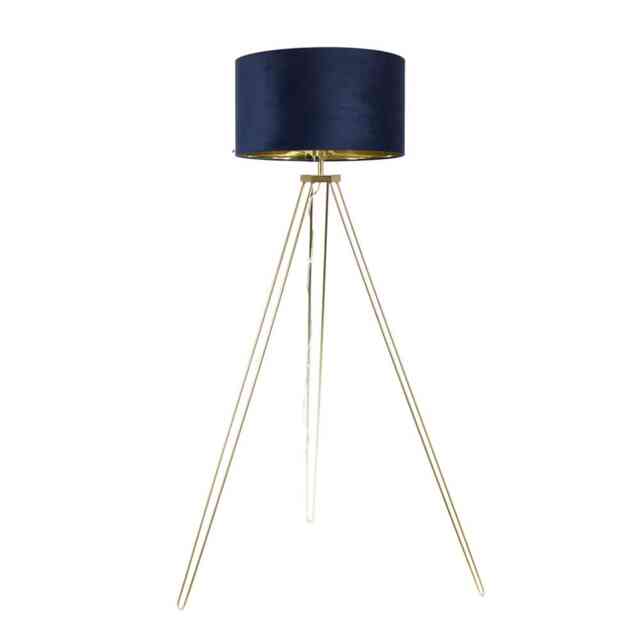 ValueLights Aero Gold Tripod Floor Lamp Navy Velvet Gold Shade and Bulb