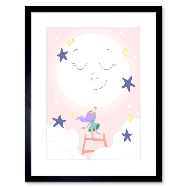 "Girls Ladder Moon Stars Pink Cartoon Kids Bedroom 9x7"" Black Framed Wall Art Print"