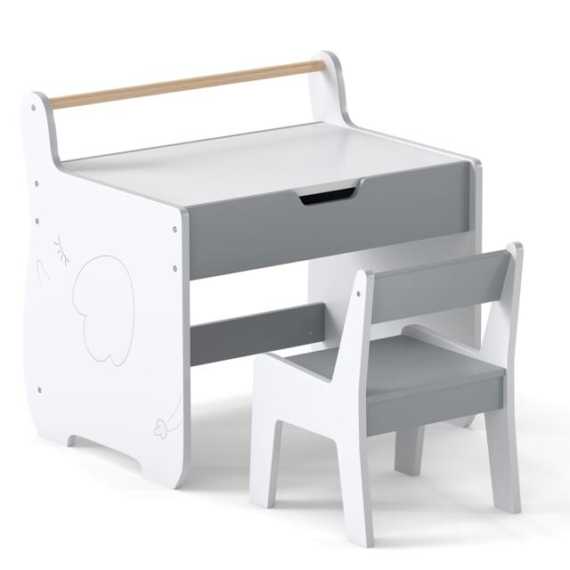 COSTWAY 3 In 1 Kids Wood Table and Chair Set Grey
