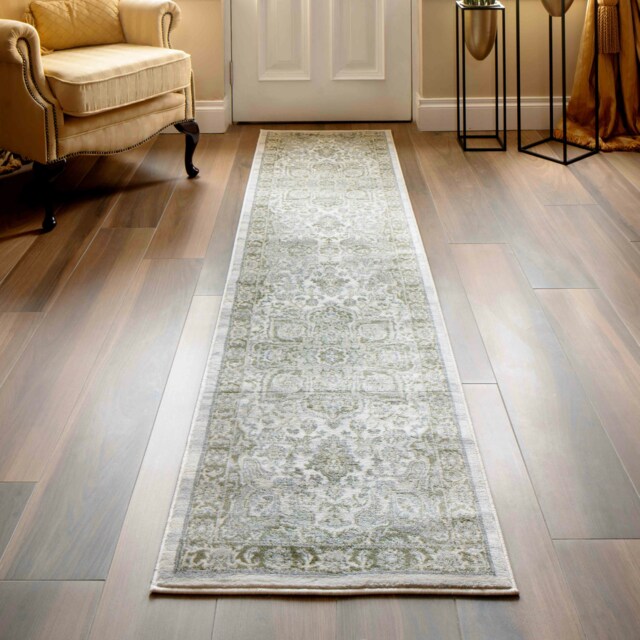 KUKOON Green Traditional Floral Style Bordered Runner Rug 60cm x 240cm Green