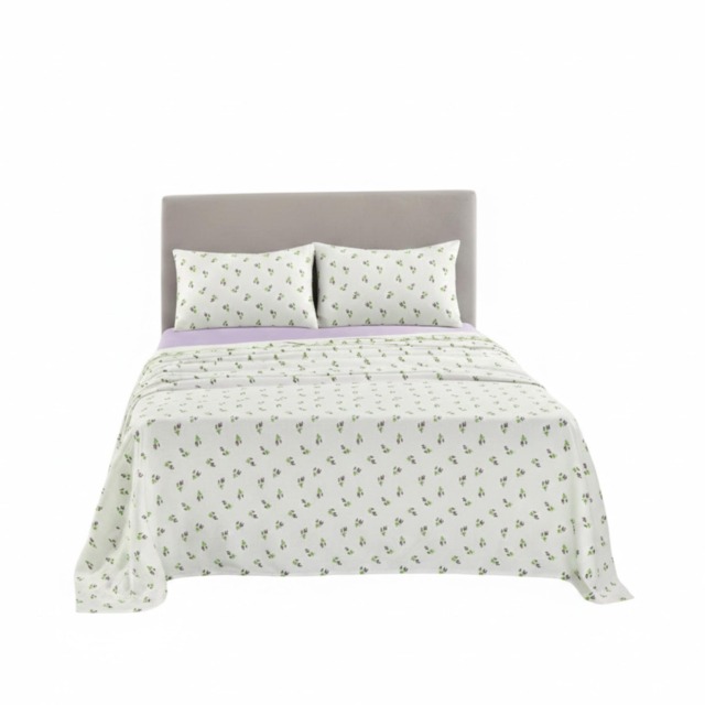 Soft Floral Brushed Cotton Fitted Flat Sheet And Matching Pillowcases Purple Single