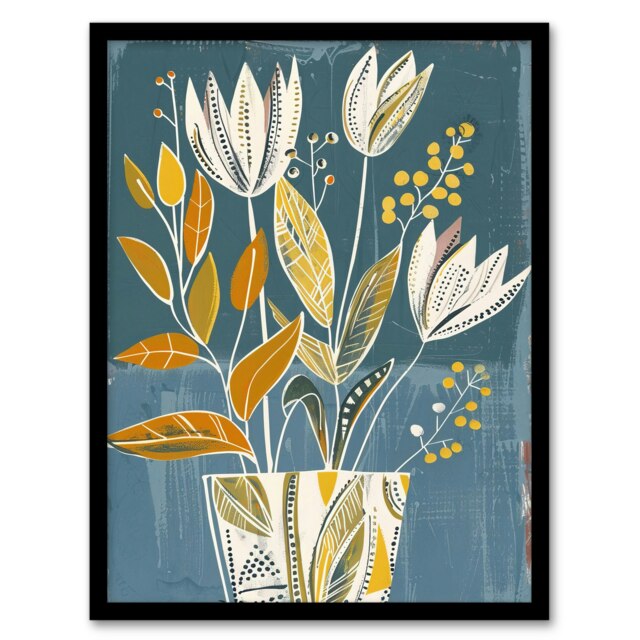Tulip Flowers Orange Potted Plant Floral Black Framed Wall Art Print A4