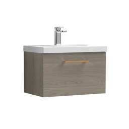 Balterley Wall Hung Bathroom 1 Drawer Vanity Unit and 1 Tap Hole Ceramic Basin, Woodgrain Mid Oak with Handle Brown Solace Oak