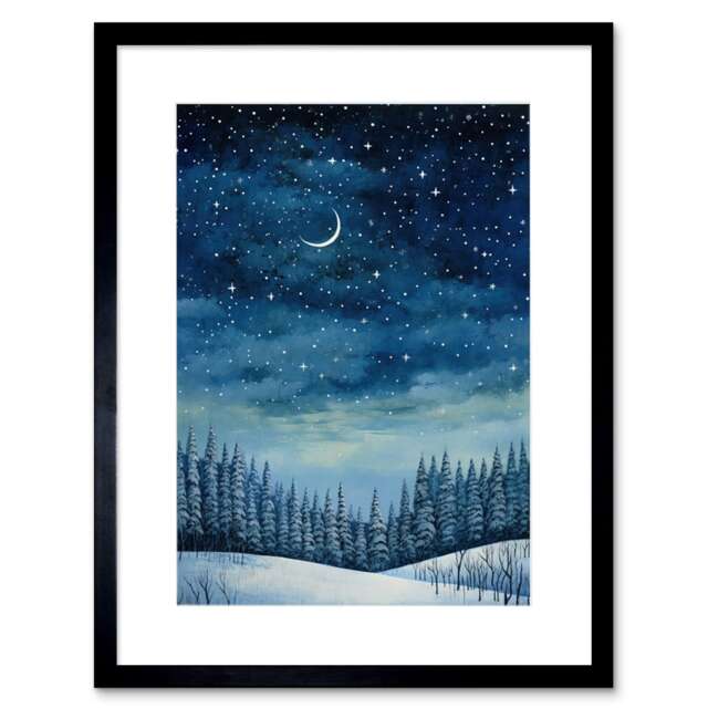 "Clear Sky Starry Night Forest Covered Snow Winter 9x7"" Black Framed Wall Art Print"