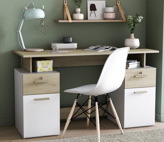 FURNICOMP Corte 2 Door 2 Drawer White and Oak Office Desk With Hutch