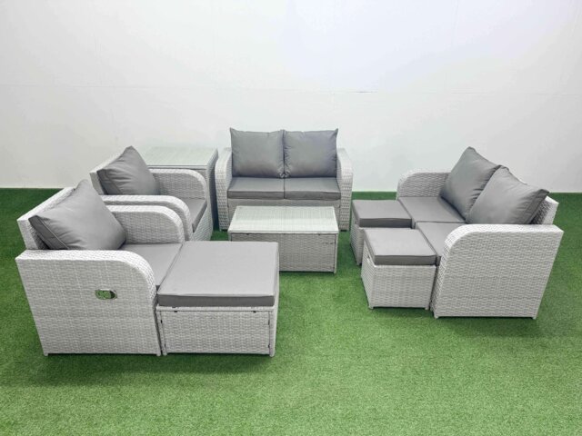 Fimous 9 Seater Outdoor Reclining Chair Love Sofa Set Rattan Garden Furniture Set with Rectangular Coffee Table 3 Stools Side Table Light Grey