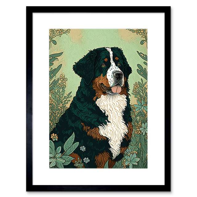 "Bernese Mountain Dog Wildflower Field Modern 9x7"" Black Framed Wall Art Print"