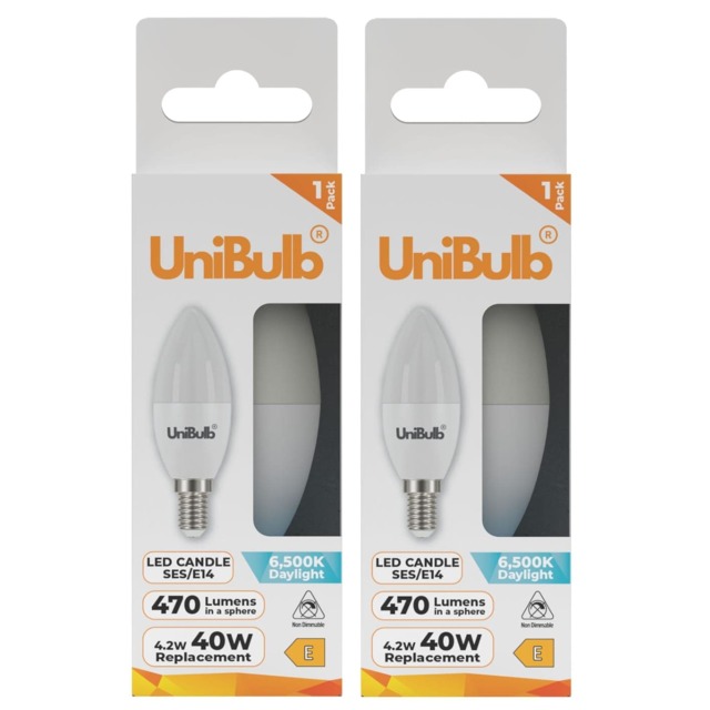 2x UniBulb LED Candle E14 (SES) 470lm 4.2W 6500K (Daylight) Light Bulb - Pack of 1 Chrome