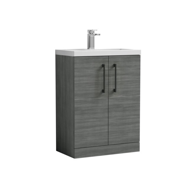 Balterley Level Compact Bathroom Cloakroom Vanity Basin Unit with Polymarble Basin, Handles Grey Grey Woodgrain 840 x 503 x 353mm
