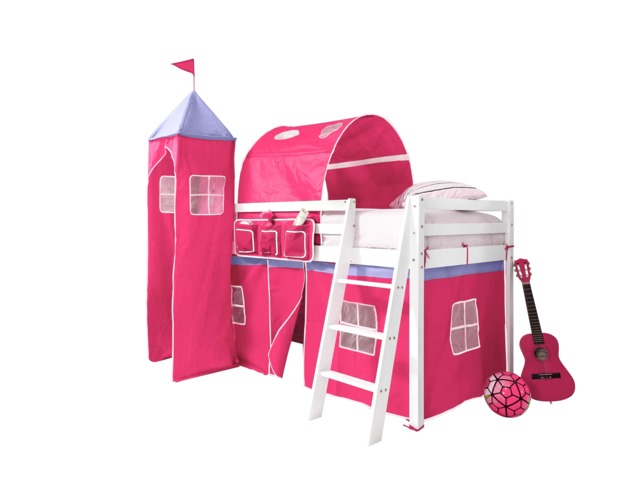 Moro Cabin Bed Midsleeper with Cotton Pink Tent, Tower & Tunnel in White