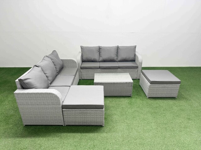 Fimous Outdoor Garden Furniture Sets 8 Seater Wicker Rattan Furniture Sofa Sets with Rectangular Coffee Table high Back Lounge Sofa 2 Big Footstool Light Grey