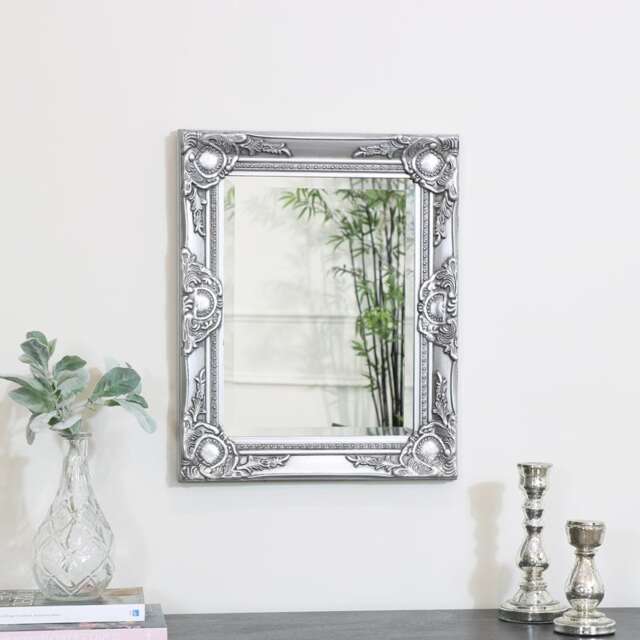Ornate Silver Wall Mirror With Bevelled Glass 52cm X 42cm