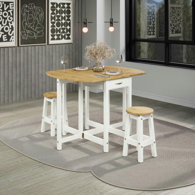 Premium Corona Oval Breakfast Dining Set with Drop Leaf Gateleg Table and 2 Stools - Grey or White Waxed Pine White White One Size 1