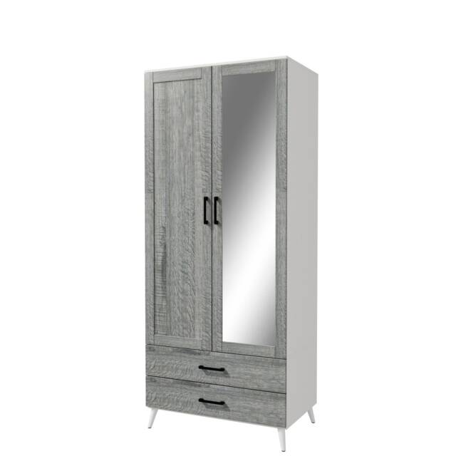 2-Door 2-Drawer Mirror Wardrobe with Legs White White & Ash Grey 55 x 9.5 x 149 1