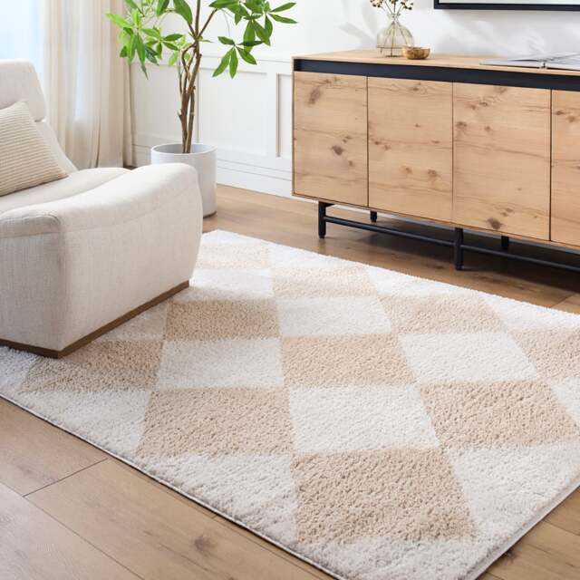 LIVABLISS Fossay Shaggy-Washable High Pile Diamond Rug 200 x 275 cm Beige