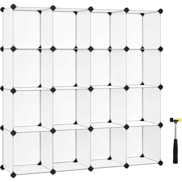 16-Cube DIY Storage Unit, Stackable Plastic Shoe Rack and Wardrobe Organiser for Home and Office, White