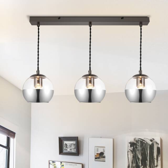 COSYLYTE Marlo 3 Light Modern Smoky Glass Bar Pendant Light - Matt Black Base Silver Chrome 1