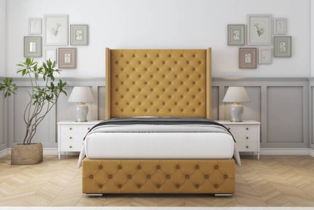 "Sloomy Arundel Mustard Plush Bed Frame With Mattress With 50"" Upholstered Wingback Headboard 6' Super King"