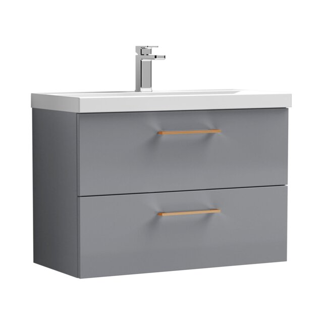 Balterley Wall Hung Bathroom 2 Drawer Vanity Unit and 1 Tap Hole Ceramic Basin, with Handles Grey