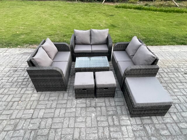 Fimous Outdoor Garden Furniture Sets 9 Seater Wicker Rattan Furniture Sofa Sets with Rectangular Coffee Table Love Sofa 3 Footstools Dark Grey Mixed