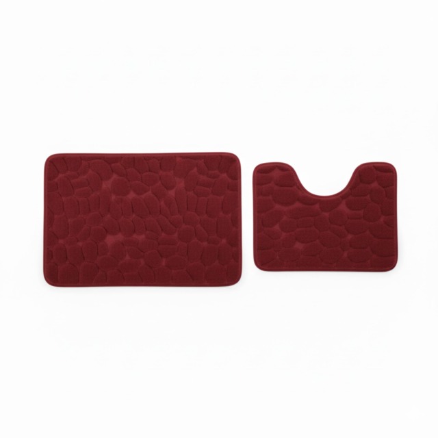 2 Piece Pebble Design Memory Foam Bath Mat Set Soft Absorbent Non-Slip Bathroom Red
