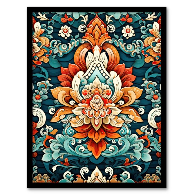 Hindu Bright Floral Pattern Close Up Detail Ornate Black Framed Wall Art Print A4