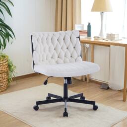 Criss Cross Boucle Desk Chair with Wheels Armless Wide Seat Office Chair - Beige